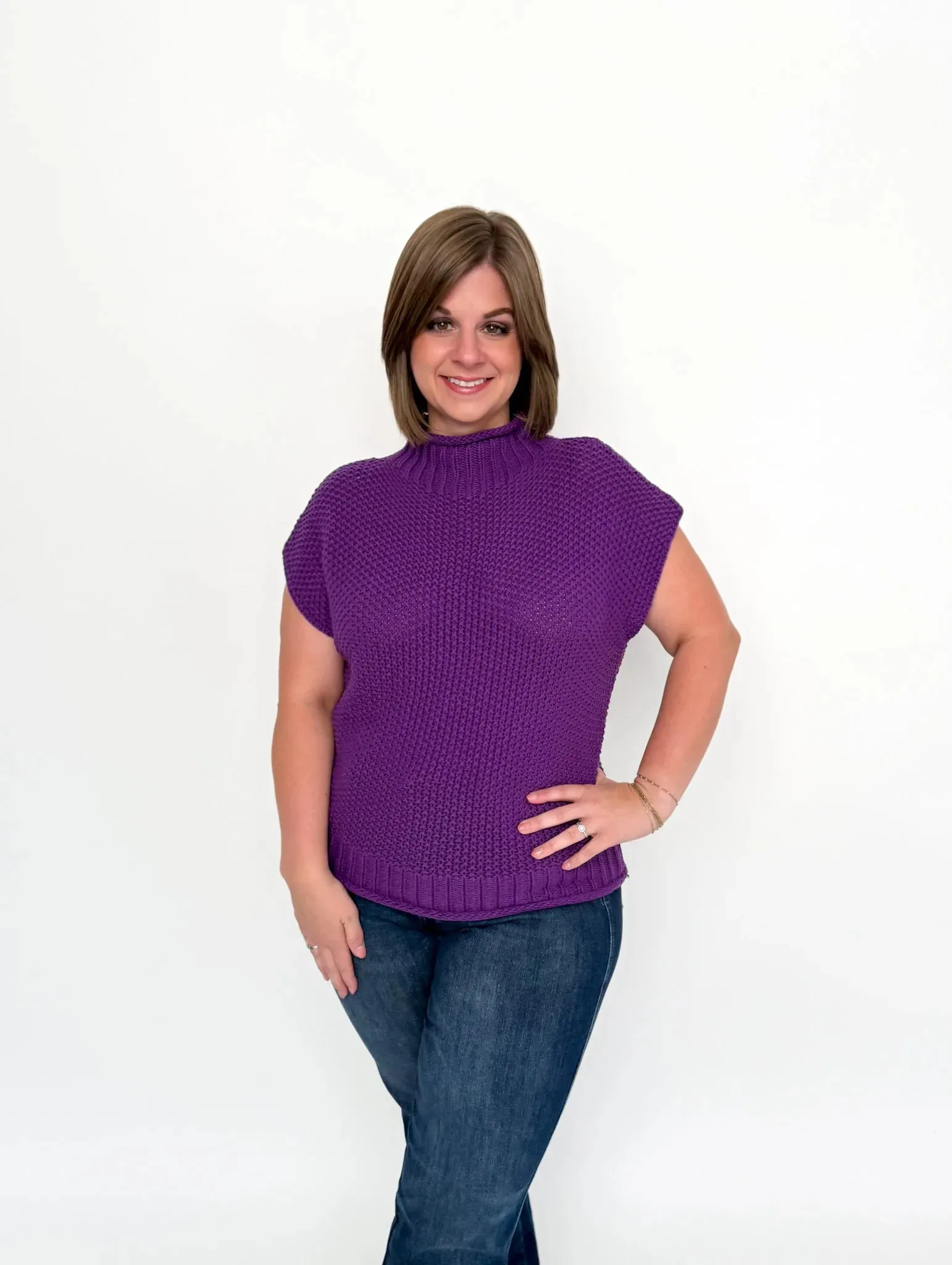 Purple Cap Sleeve Mock Neck Sweater