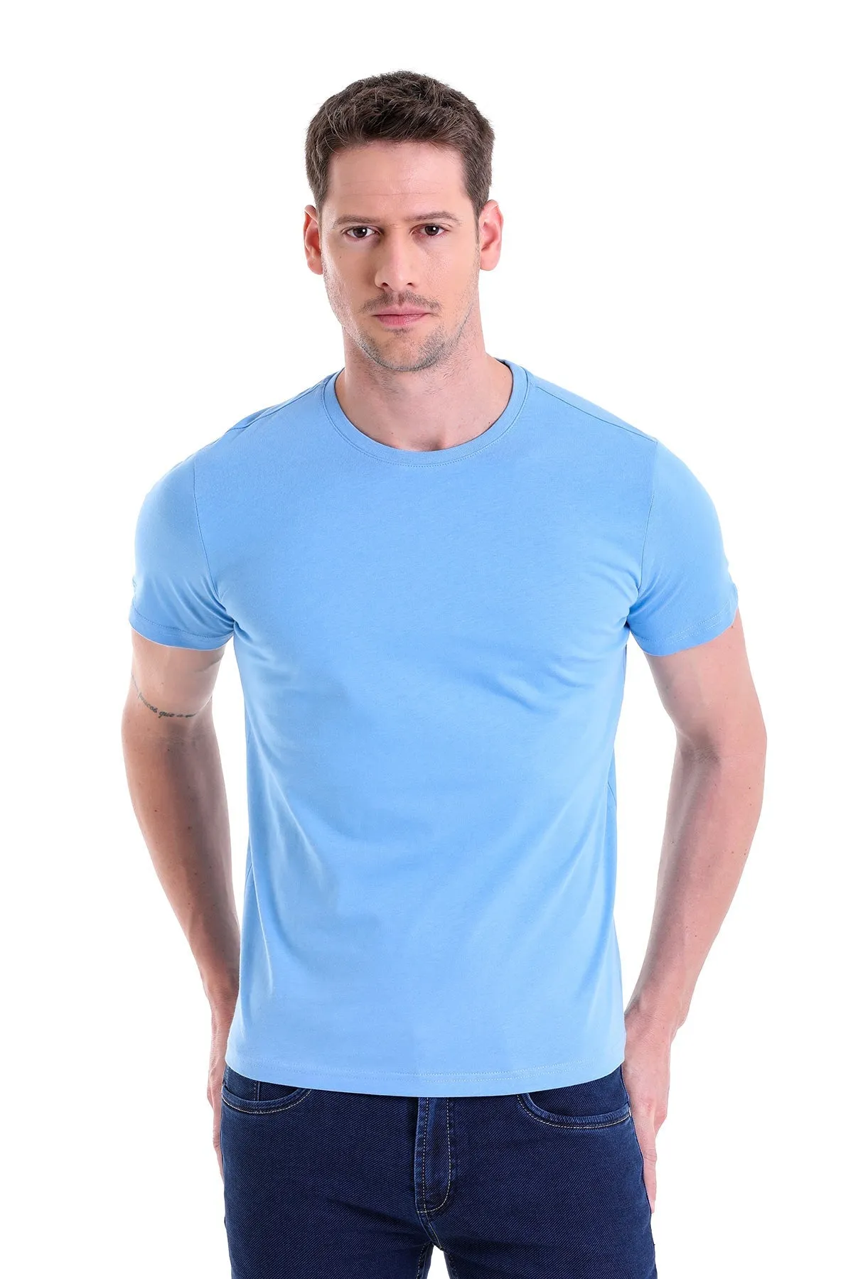 Regular Fit Blue Basic Cotton Crew Neck T-Shirt