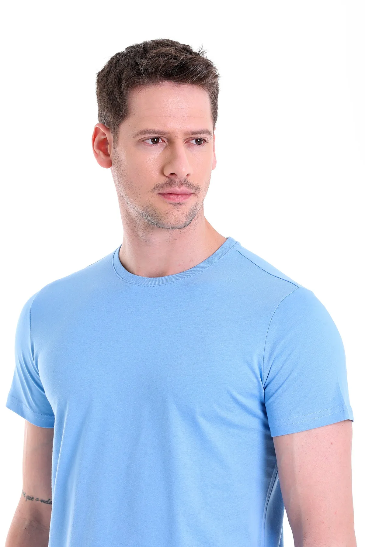 Regular Fit Blue Basic Cotton Crew Neck T-Shirt