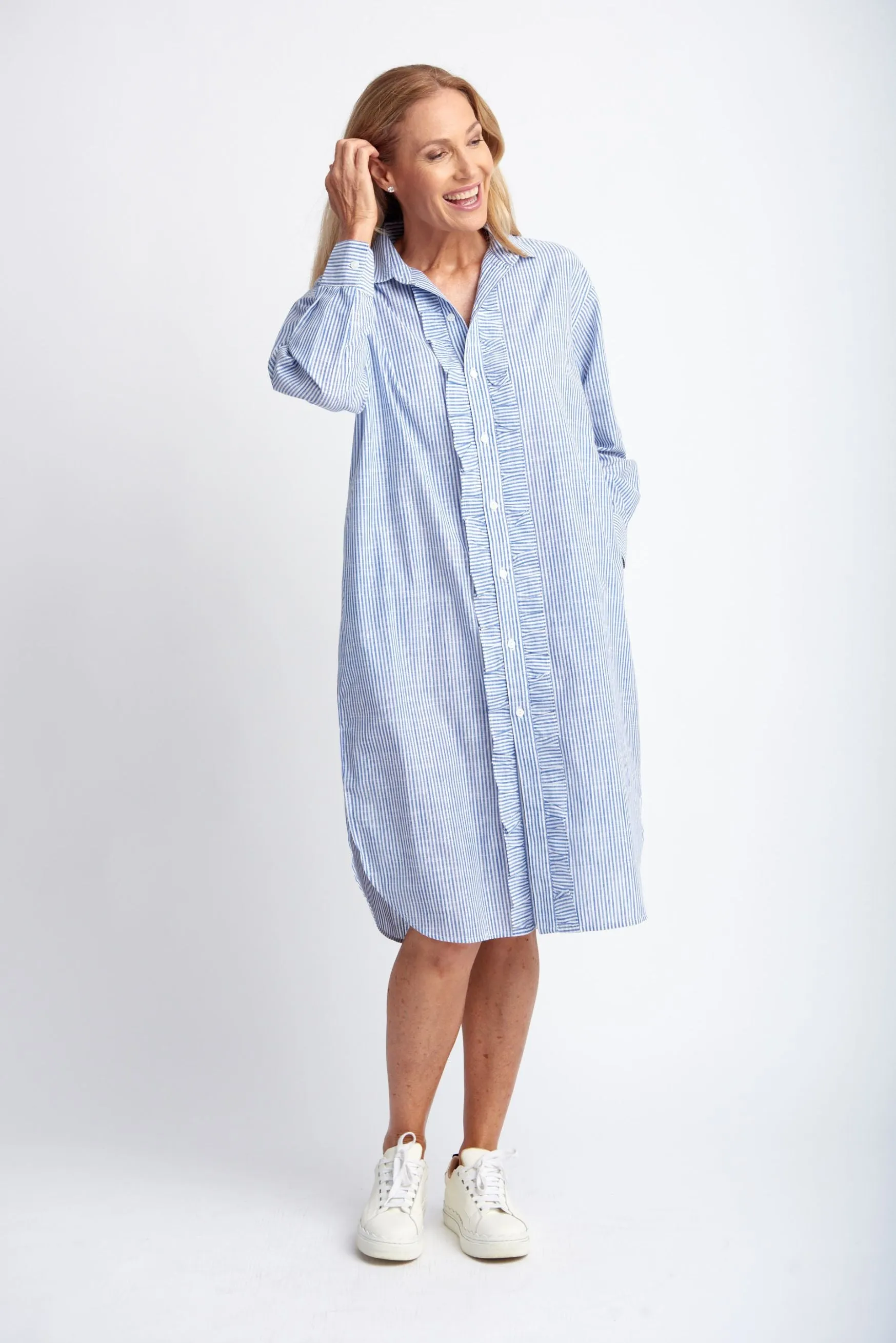 Relaxed Ruffle Cotton Shirt Dress Navy/White