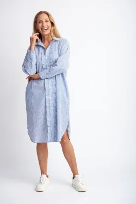 Relaxed Ruffle Cotton Shirt Dress Navy/White