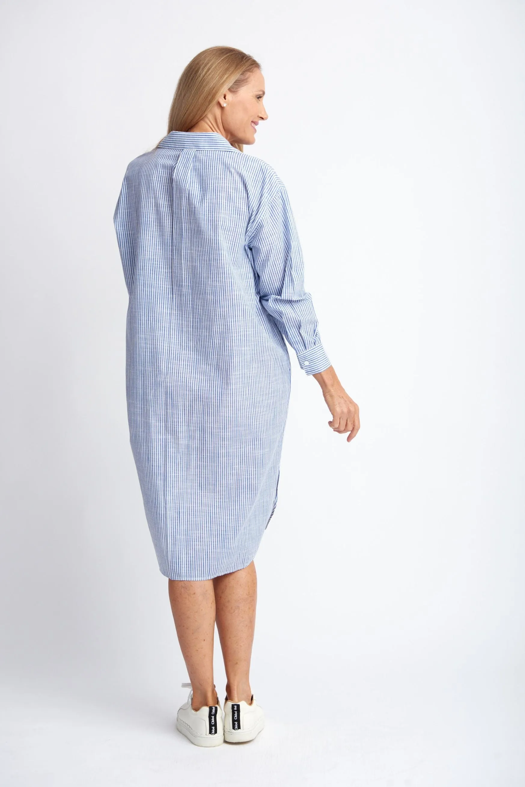 Relaxed Ruffle Cotton Shirt Dress Navy/White