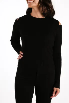 Rubi Ribbed Long Sleeve Knit Top Black