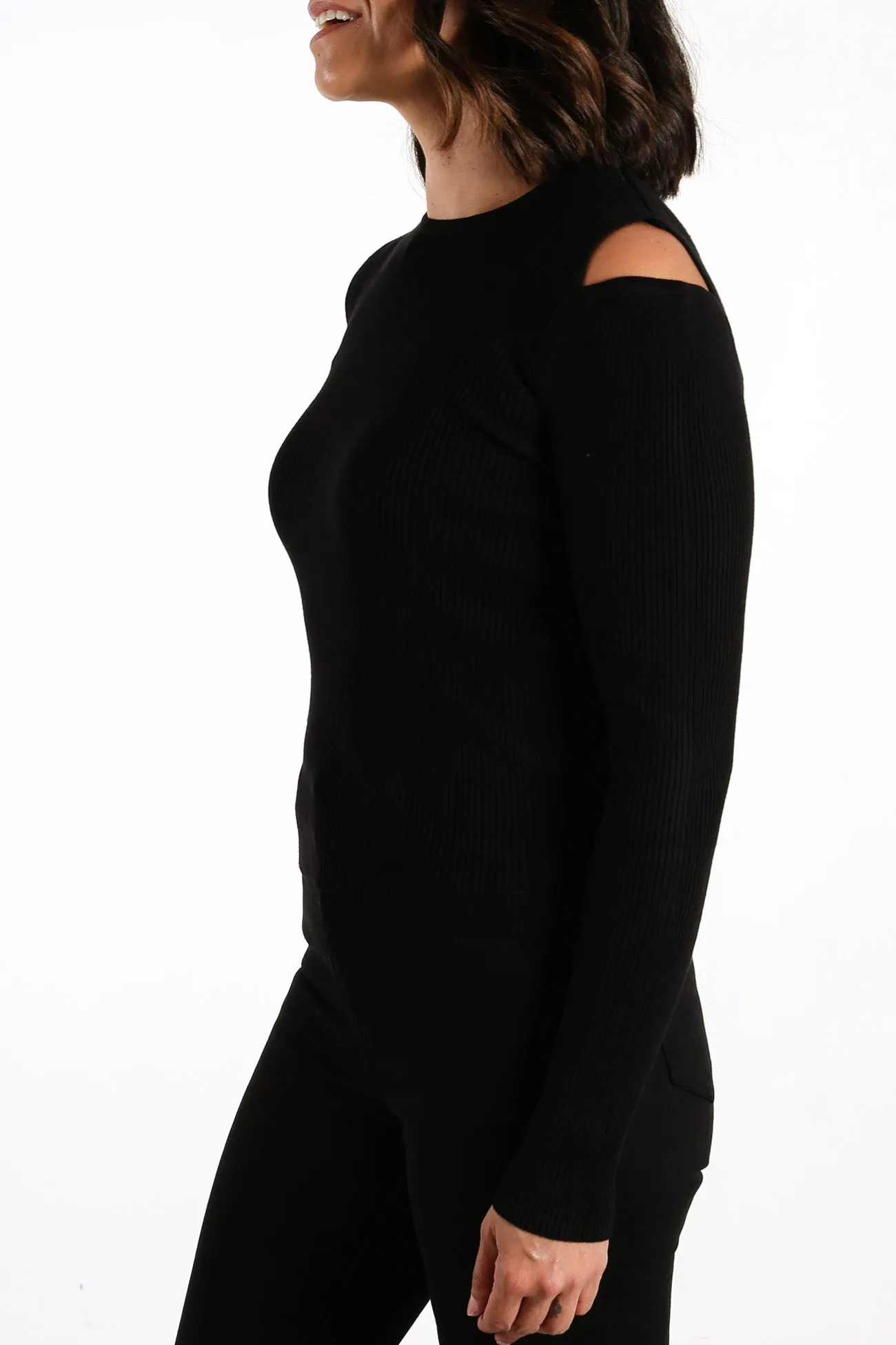 Rubi Ribbed Long Sleeve Knit Top Black