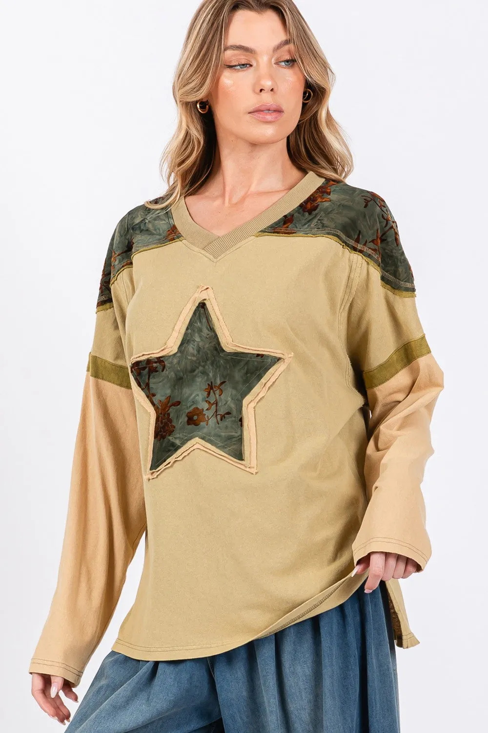 SAGE   FIG Star Patch Long Sleeve Color Block T-Shirt