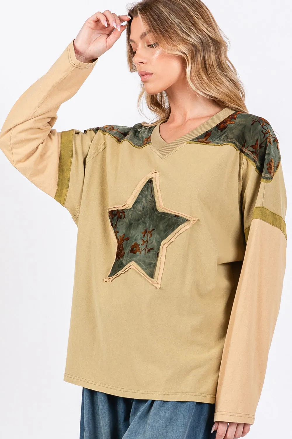 SAGE   FIG Star Patch Long Sleeve Color Block T-Shirt