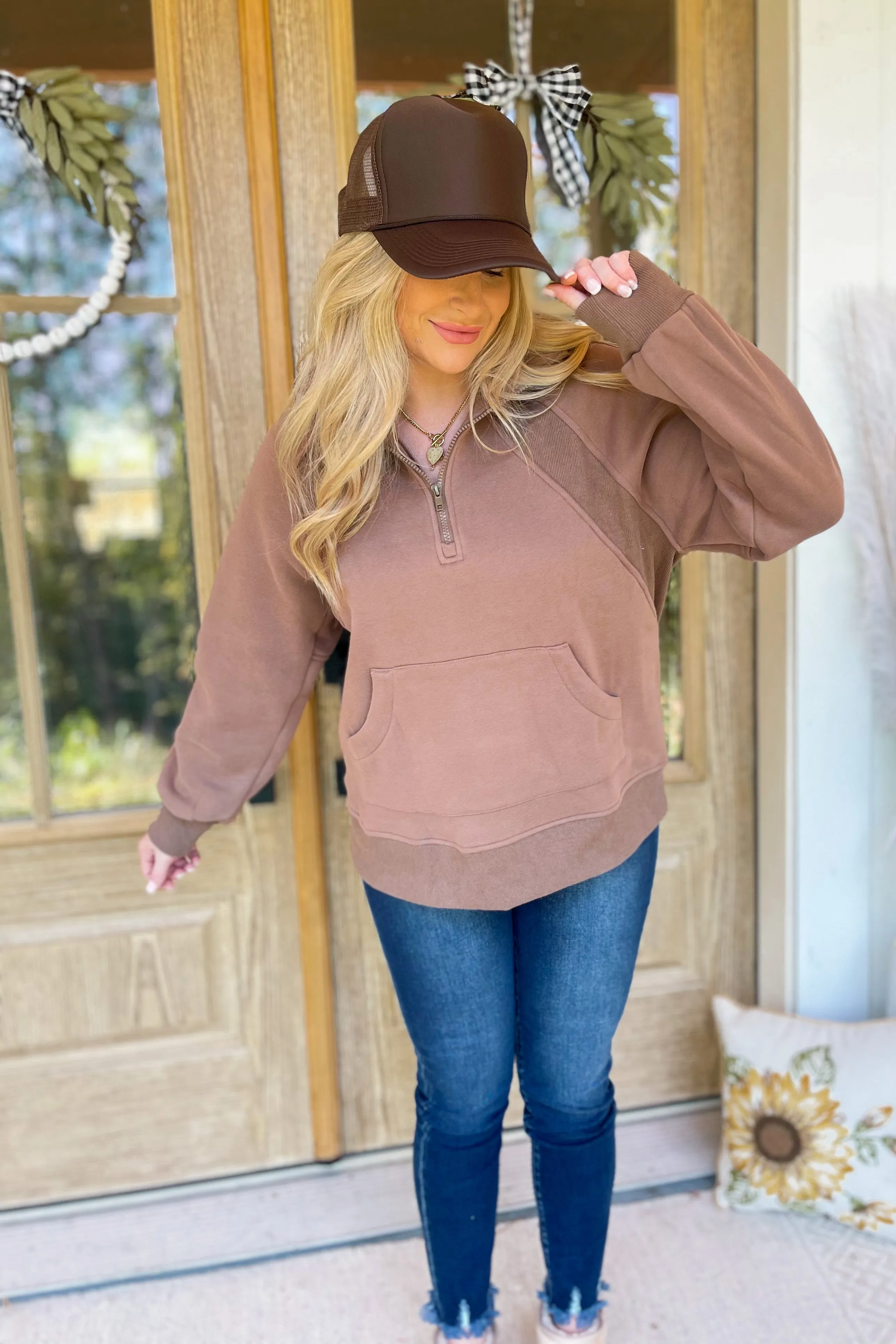 Sandra Long Sleeve Half Zip Kangaroo Pocket Knit Top *FINAL SALE*