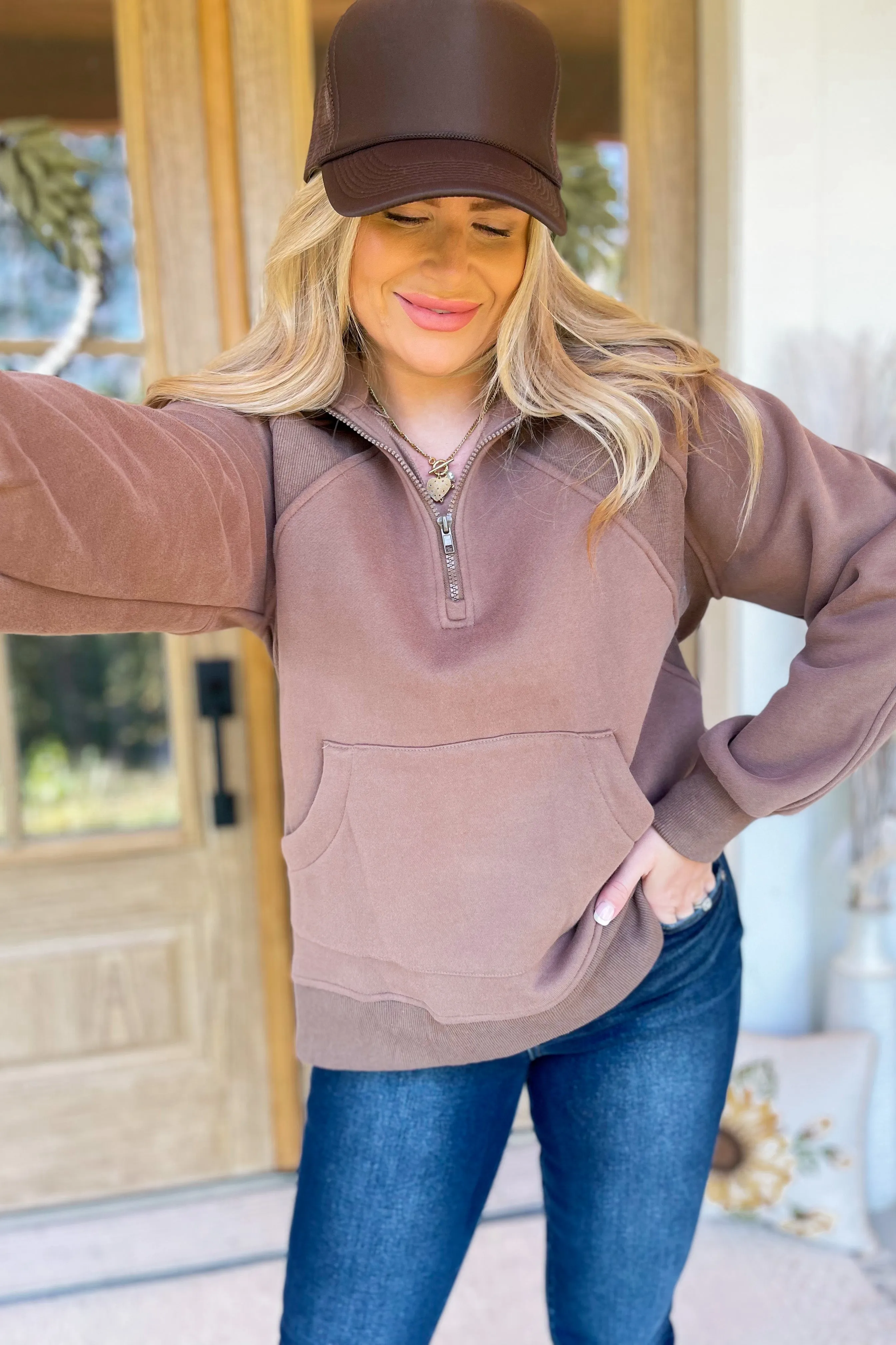 Sandra Long Sleeve Half Zip Kangaroo Pocket Knit Top *FINAL SALE*