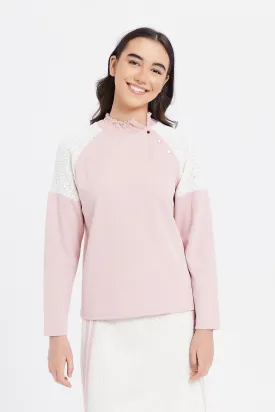 Senior Girls Pink Top With Tweeds Contrast On Sleeve