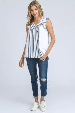 Sleeveless Striped and Embroidered Top