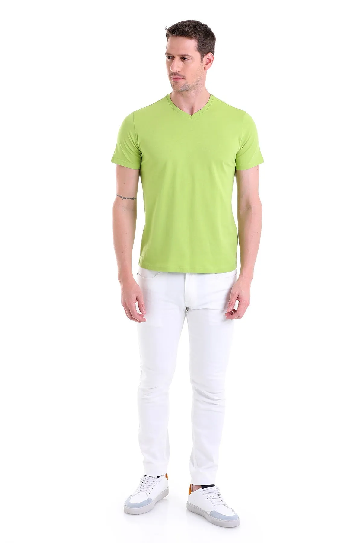 Slim Fit Basic Cotton Kiwi V-Neck T-Shirt