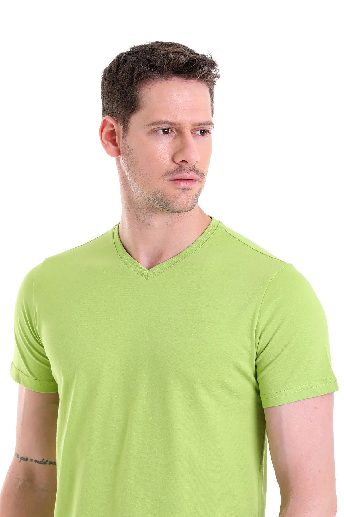 Slim Fit Basic Cotton Kiwi V-Neck T-Shirt