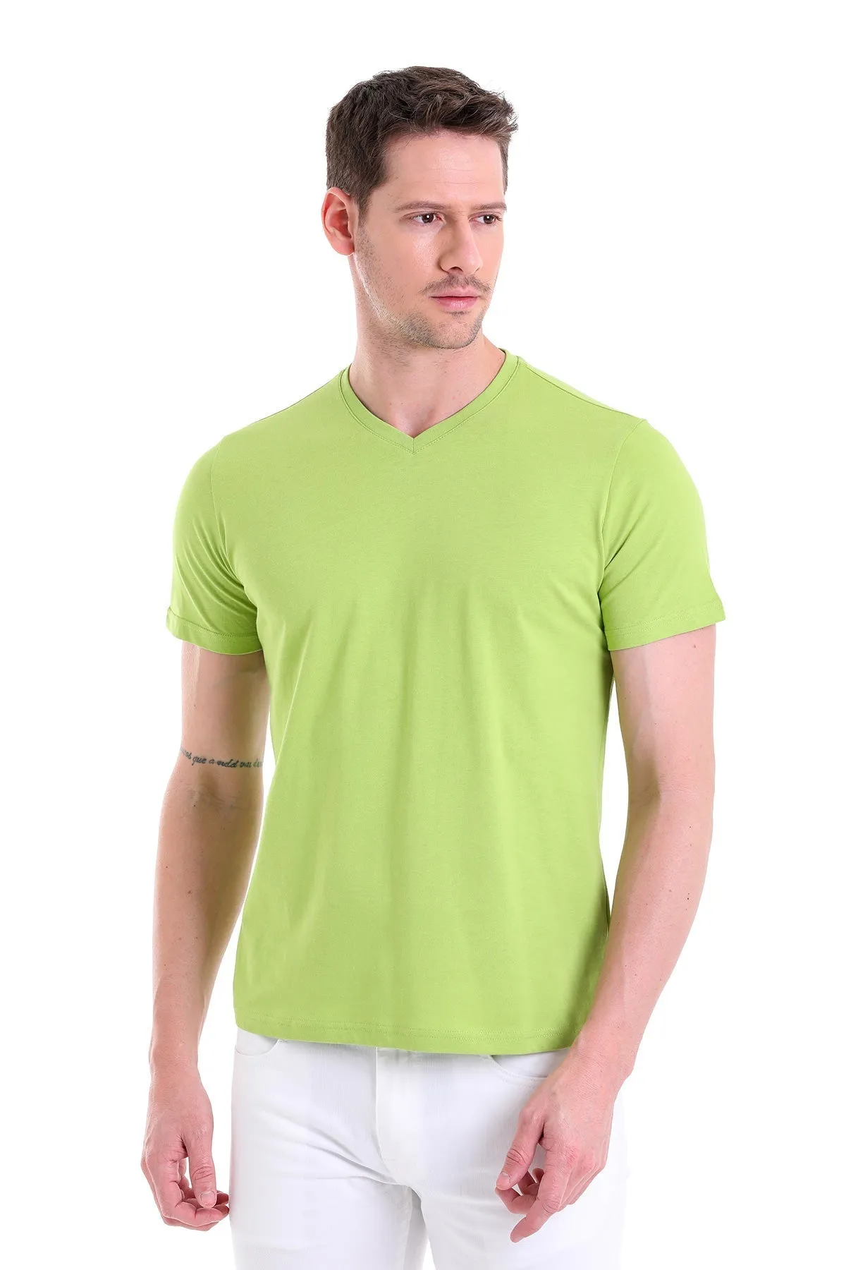 Slim Fit Basic Cotton Kiwi V-Neck T-Shirt