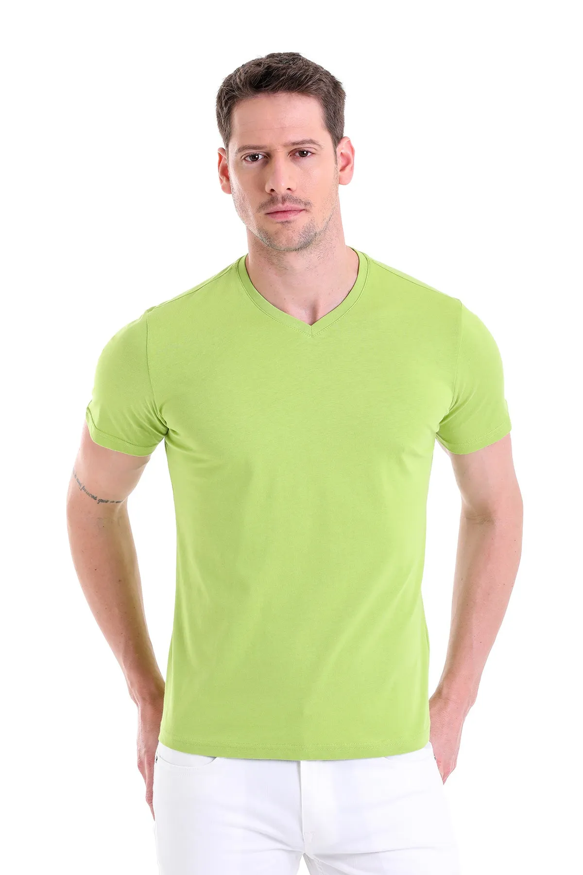 Slim Fit Basic Cotton Kiwi V-Neck T-Shirt