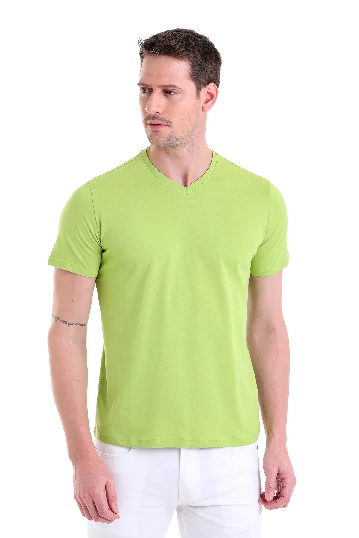 Slim Fit Basic Cotton Kiwi V-Neck T-Shirt