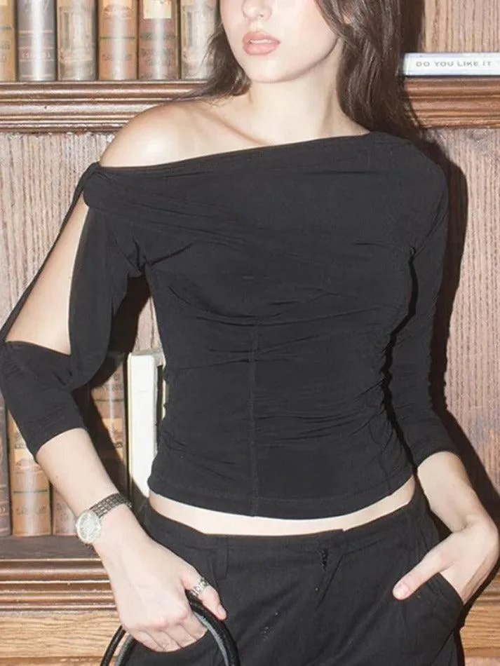 Solid One Shoulder Cutout Sleeve Long Sleeve Tee