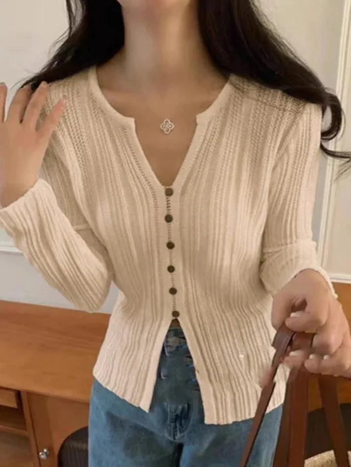 Solid V Neck Slit Long Sleeve Knit