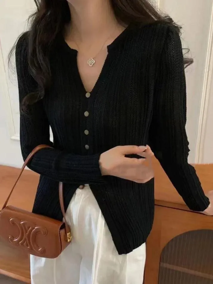 Solid V Neck Slit Long Sleeve Knit