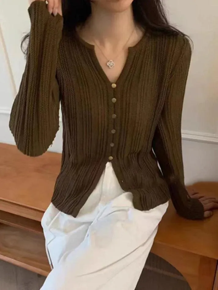 Solid V Neck Slit Long Sleeve Knit