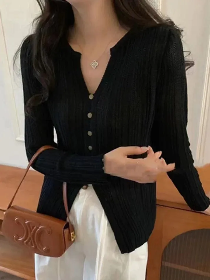 Solid V Neck Slit Long Sleeve Knit