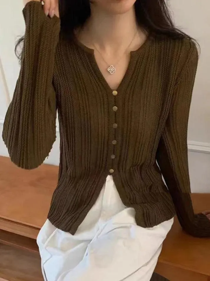 Solid V Neck Slit Long Sleeve Knit