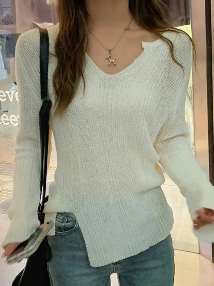 Solid V Neck Slit Thin Long Sleeve Knit