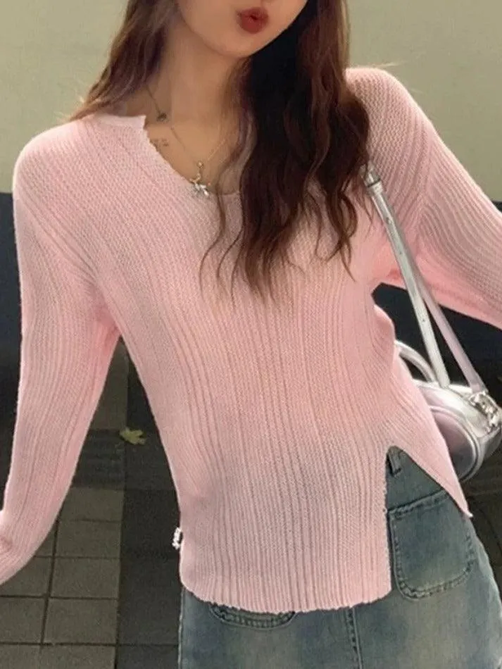 Solid V Neck Slit Thin Long Sleeve Knit