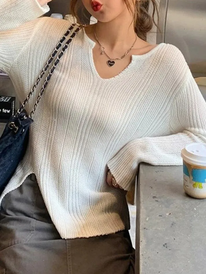 Solid V Neck Slit Thin Long Sleeve Knit