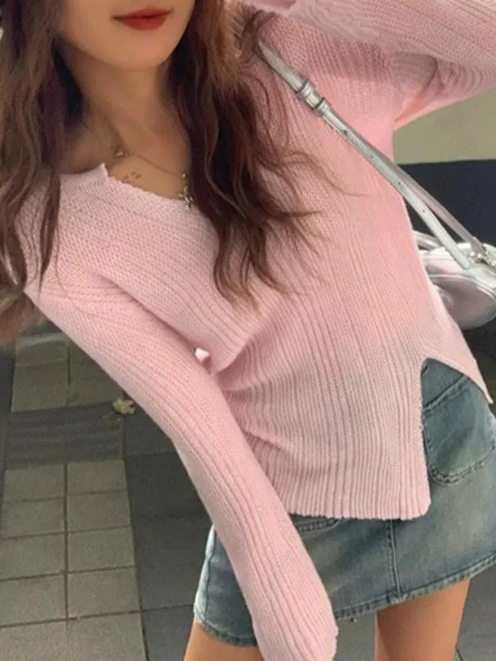 Solid V Neck Slit Thin Long Sleeve Knit