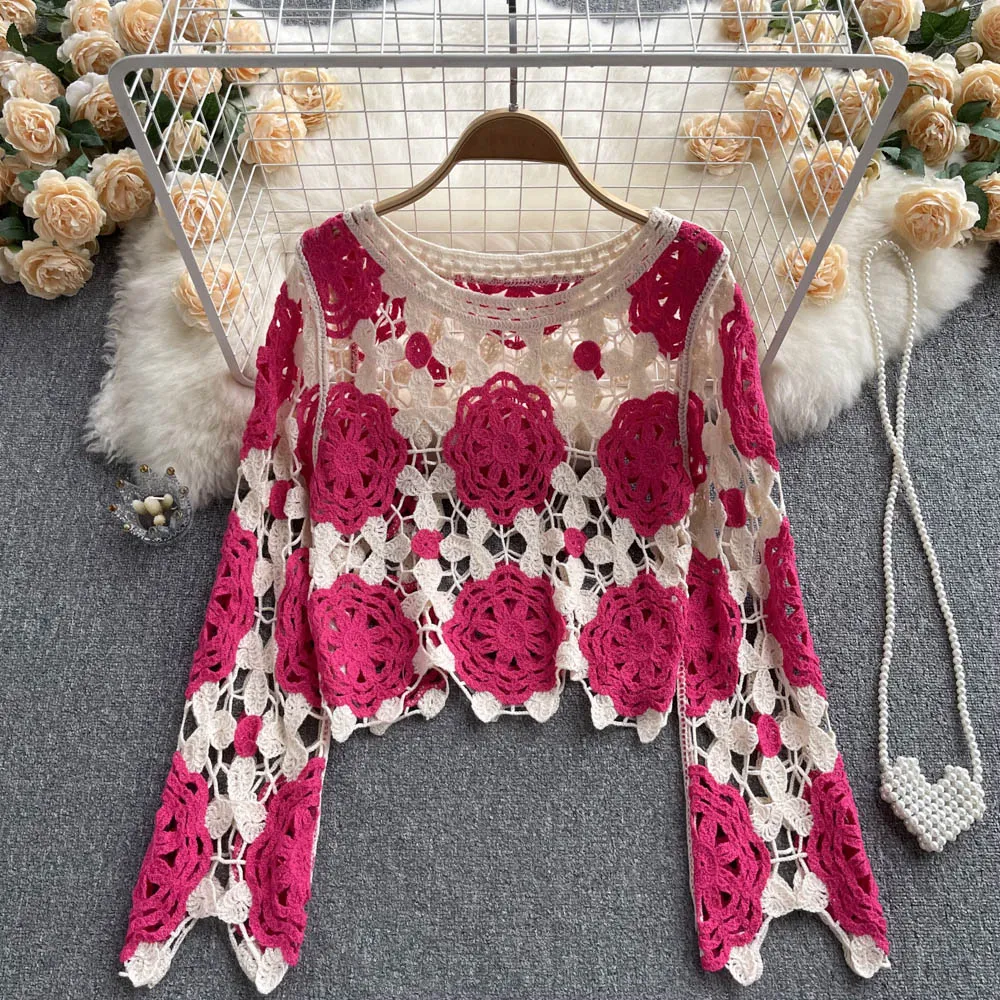 Stylish Crochet Lace Long Sleeve Top     S135