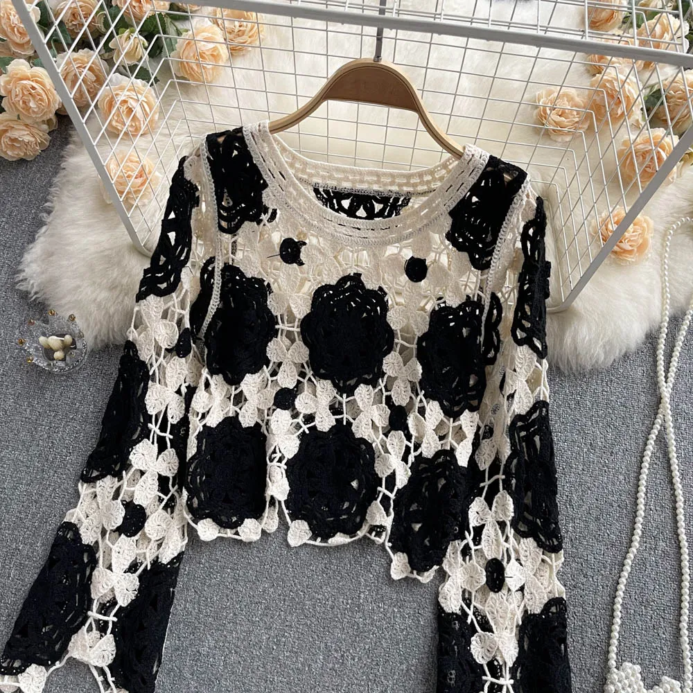 Stylish Crochet Lace Long Sleeve Top     S135