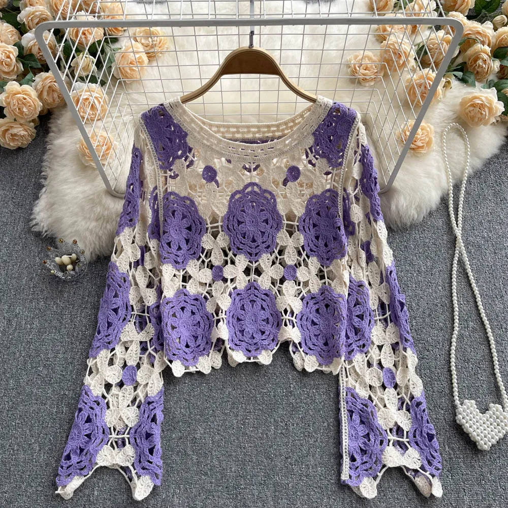 Stylish Crochet Lace Long Sleeve Top     S135