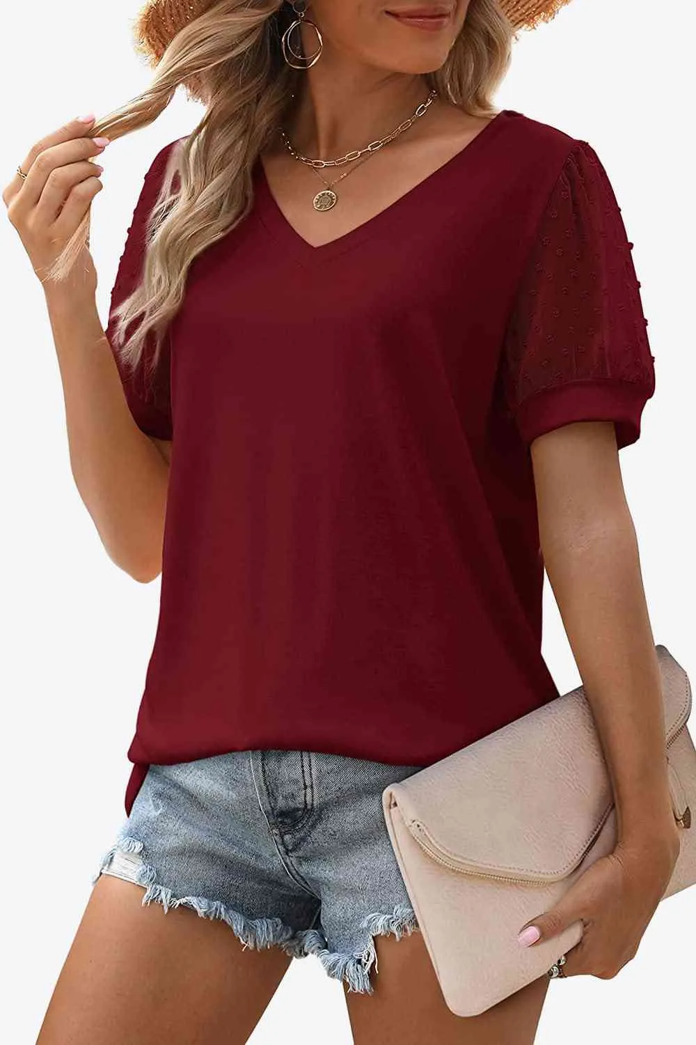 TEEK - Swiss Dot Puff Sleeve V-Neck Tee