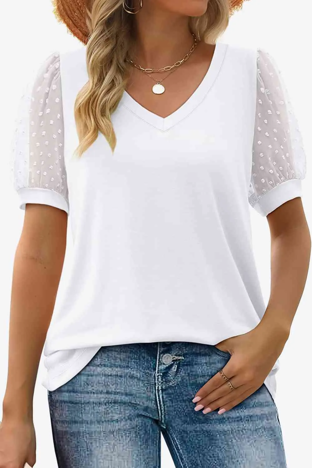 TEEK - Swiss Dot Puff Sleeve V-Neck Tee