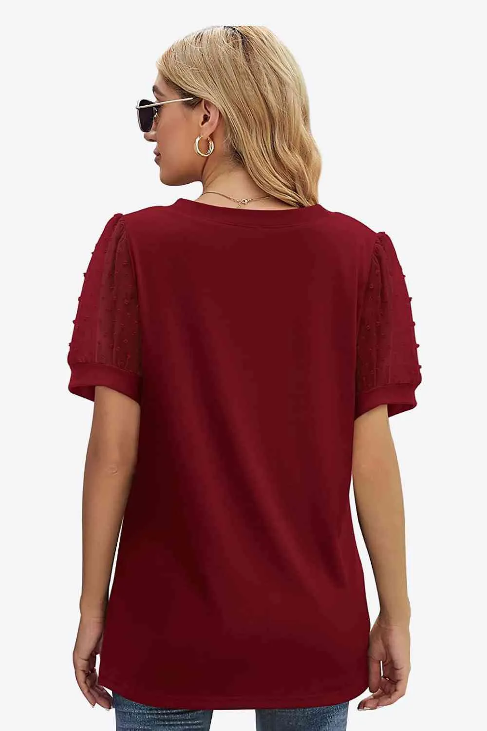 TEEK - Swiss Dot Puff Sleeve V-Neck Tee