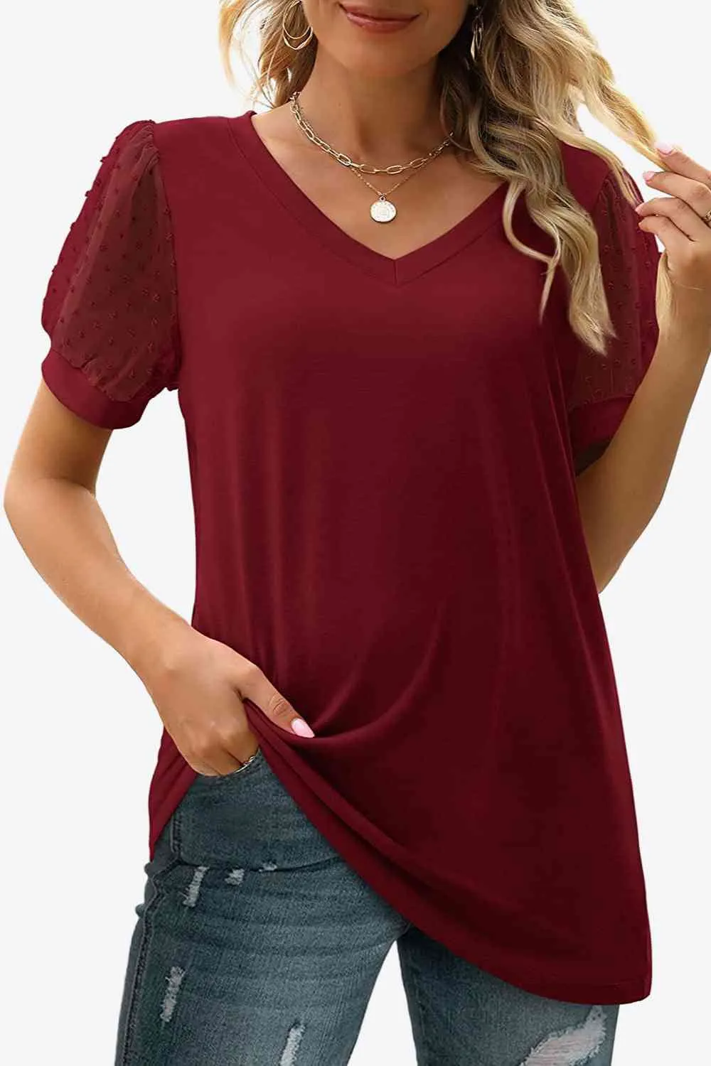 TEEK - Swiss Dot Puff Sleeve V-Neck Tee