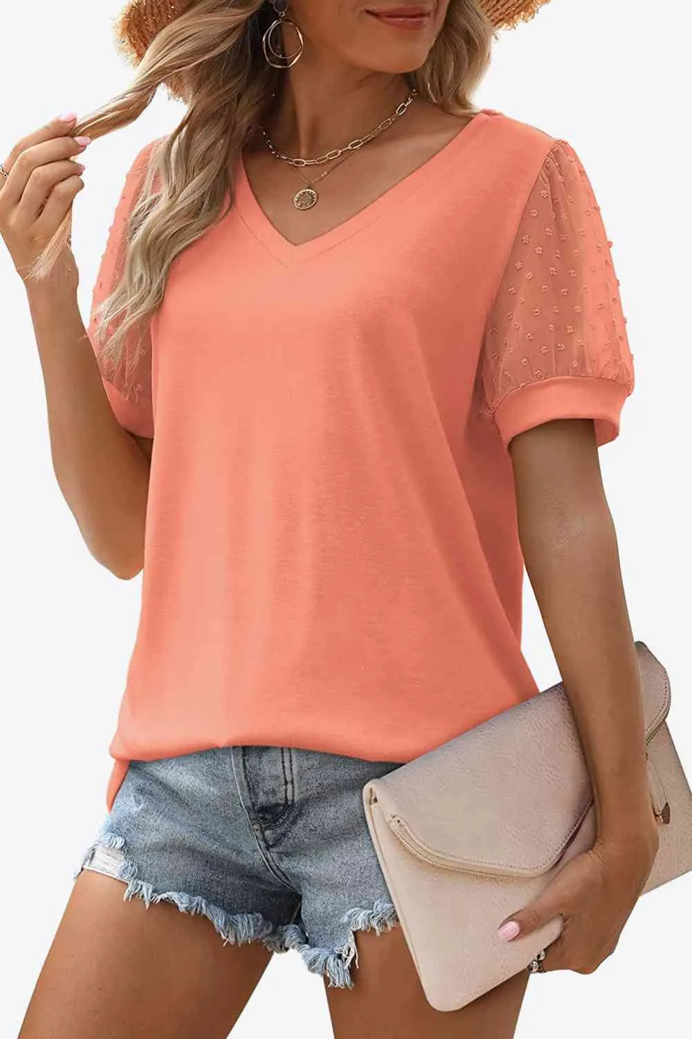 TEEK - Swiss Dot Puff Sleeve V-Neck Tee