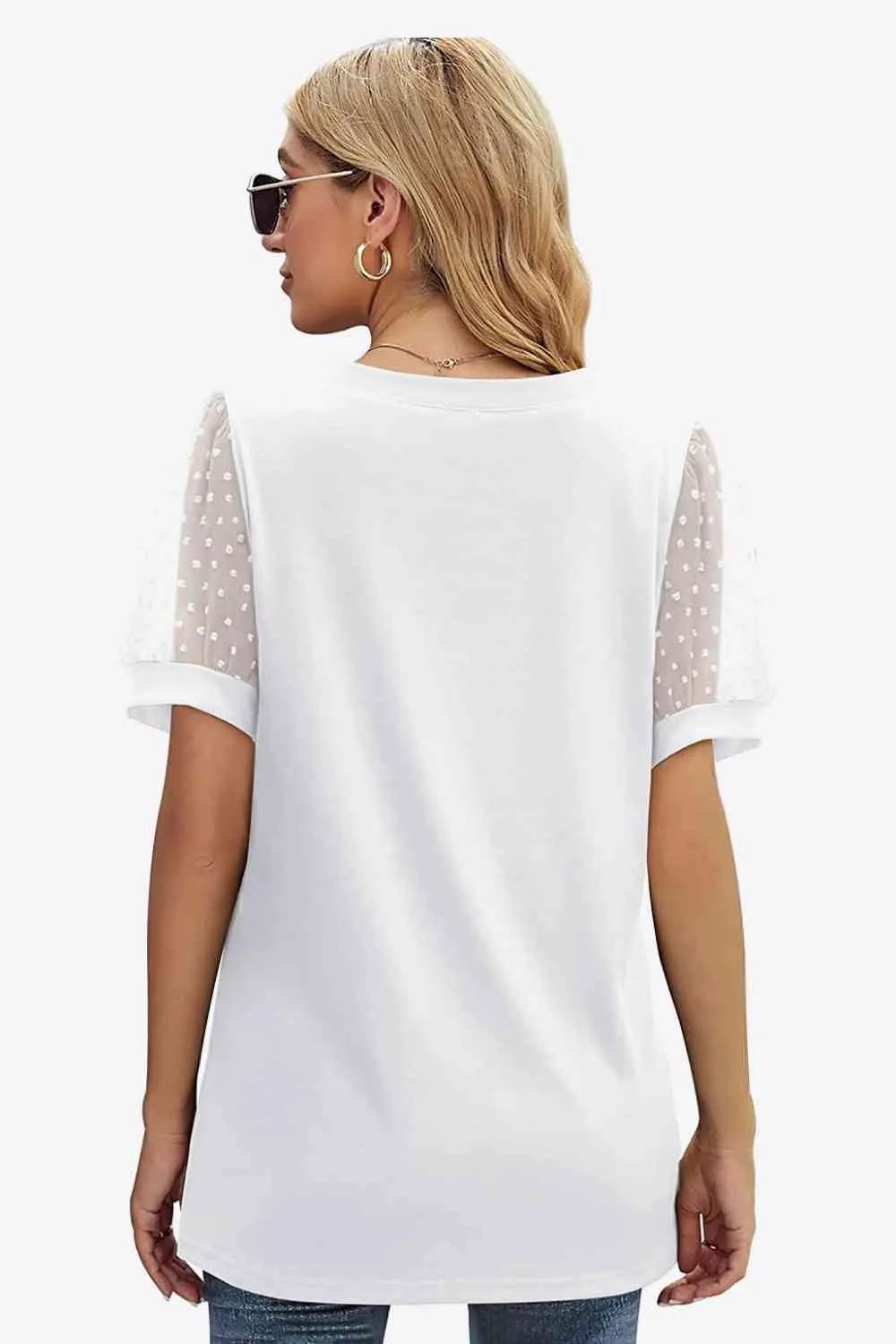 TEEK - Swiss Dot Puff Sleeve V-Neck Tee