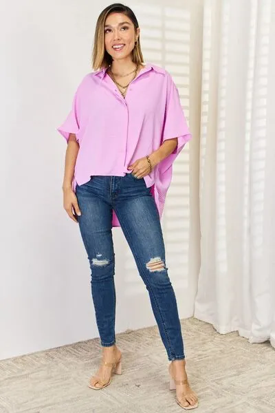 Texture Button Up Short Sleeve High-Low Shirt