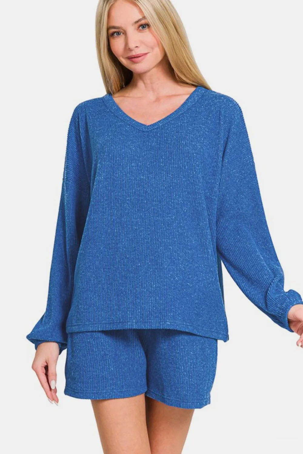 V-Neck Long Sleeve Ribbed Top and Shorts Set - Royal Blue