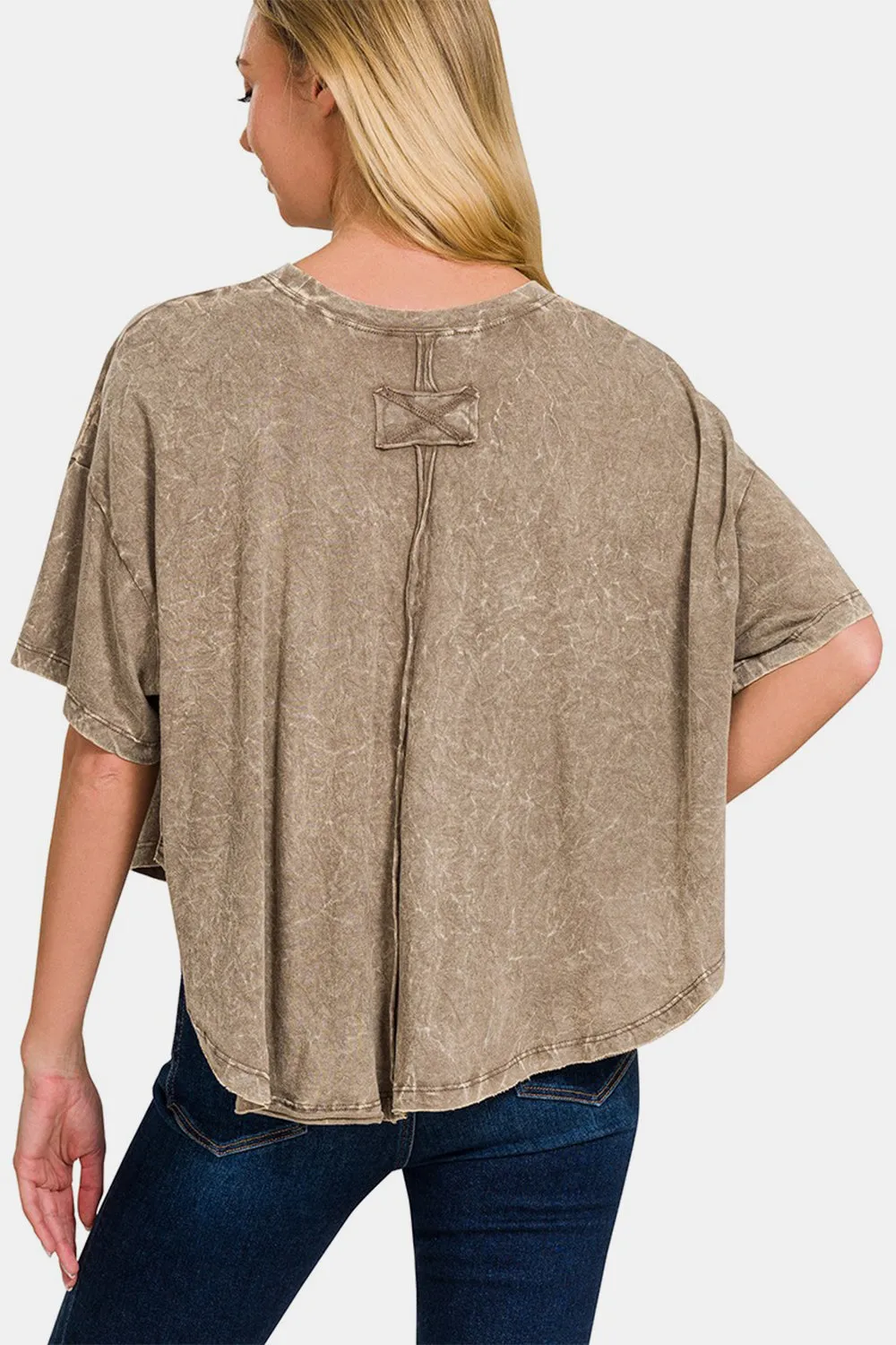 Vanessa - Washed Round Neck Drop Shoulder Cropped T-Shirt - Mocha - Exclusively Online