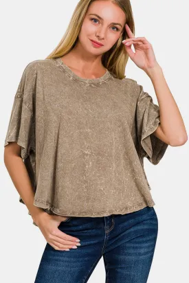 Vanessa - Washed Round Neck Drop Shoulder Cropped T-Shirt - Mocha - Exclusively Online