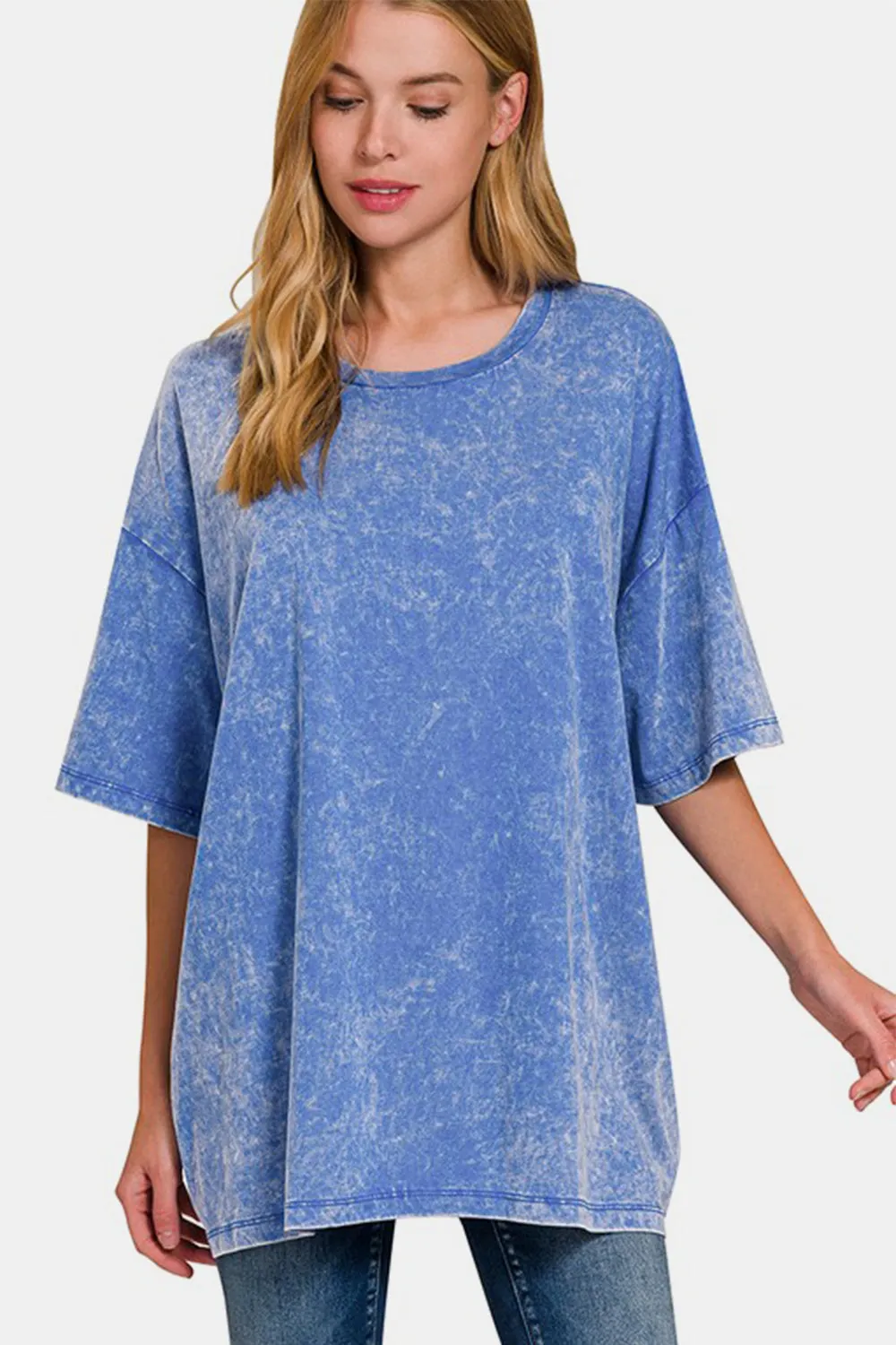 Washed Round Neck Drop Shoulder Oversized T-Shirt - Blue