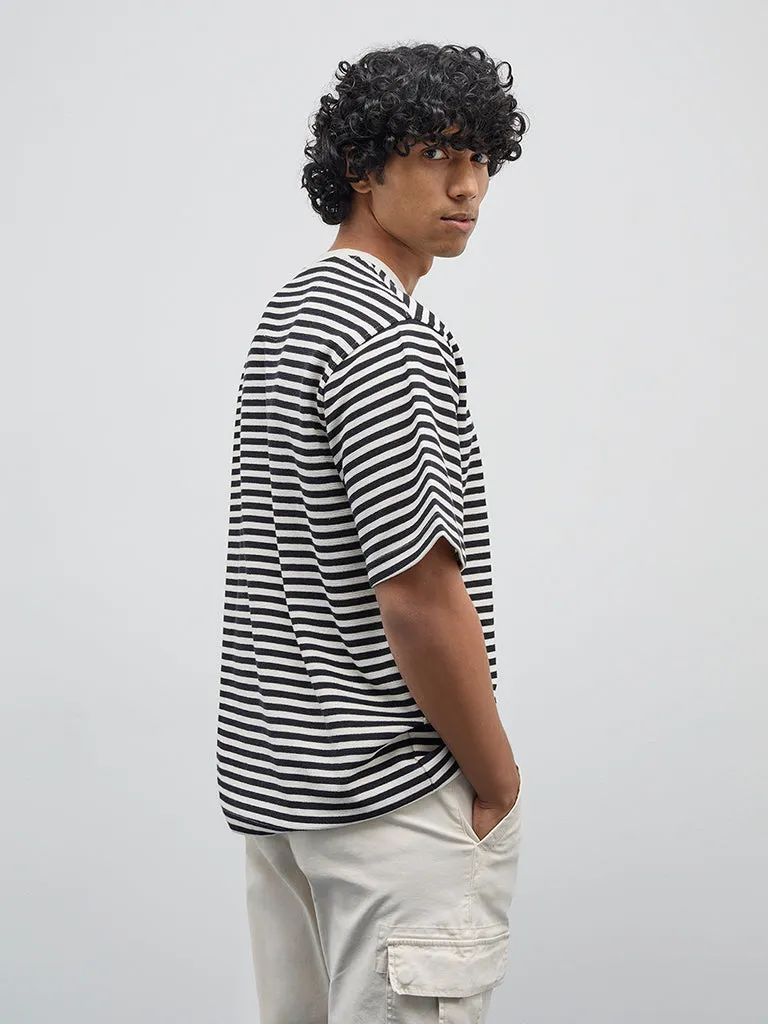 WES Casuals Black Striped Relaxed-Fit T-Shirt