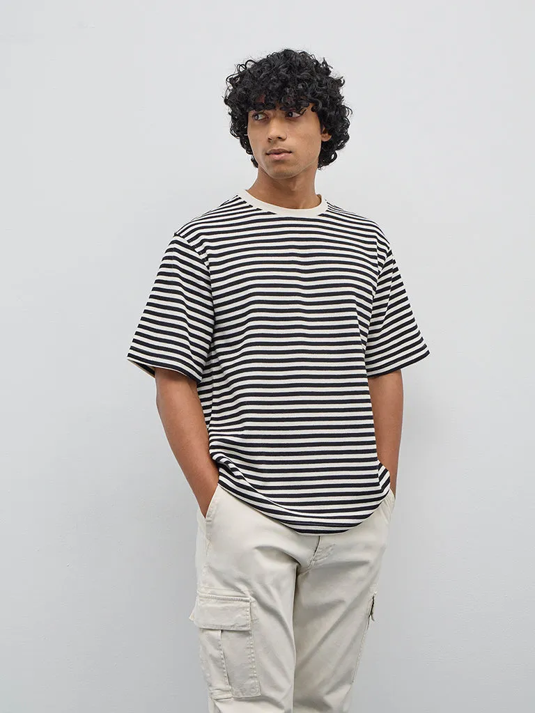 WES Casuals Black Striped Relaxed-Fit T-Shirt