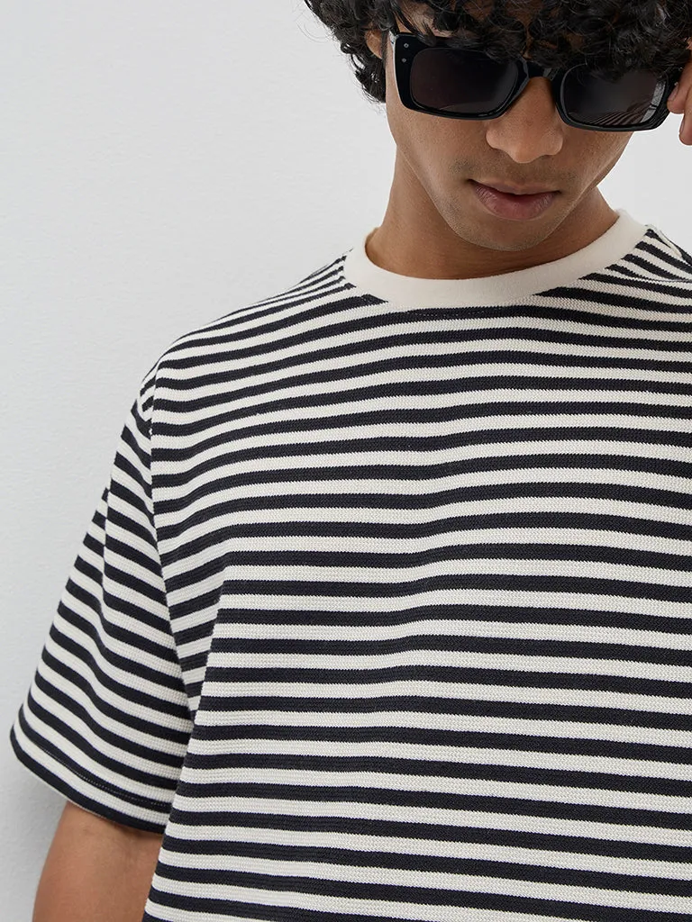 WES Casuals Black Striped Relaxed-Fit T-Shirt