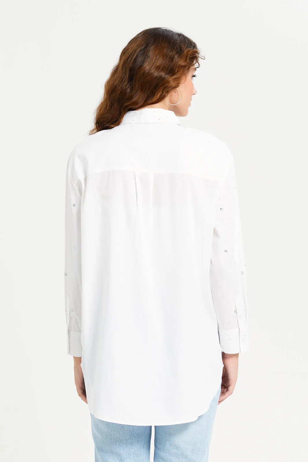 Women White Rhinestone Oversize Shirt