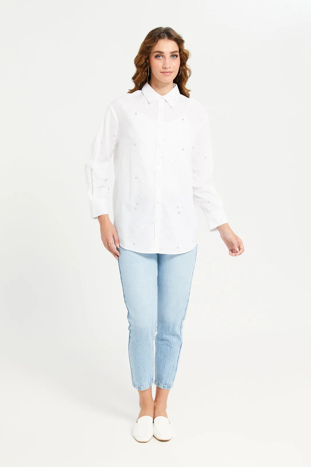 Women White Rhinestone Oversize Shirt