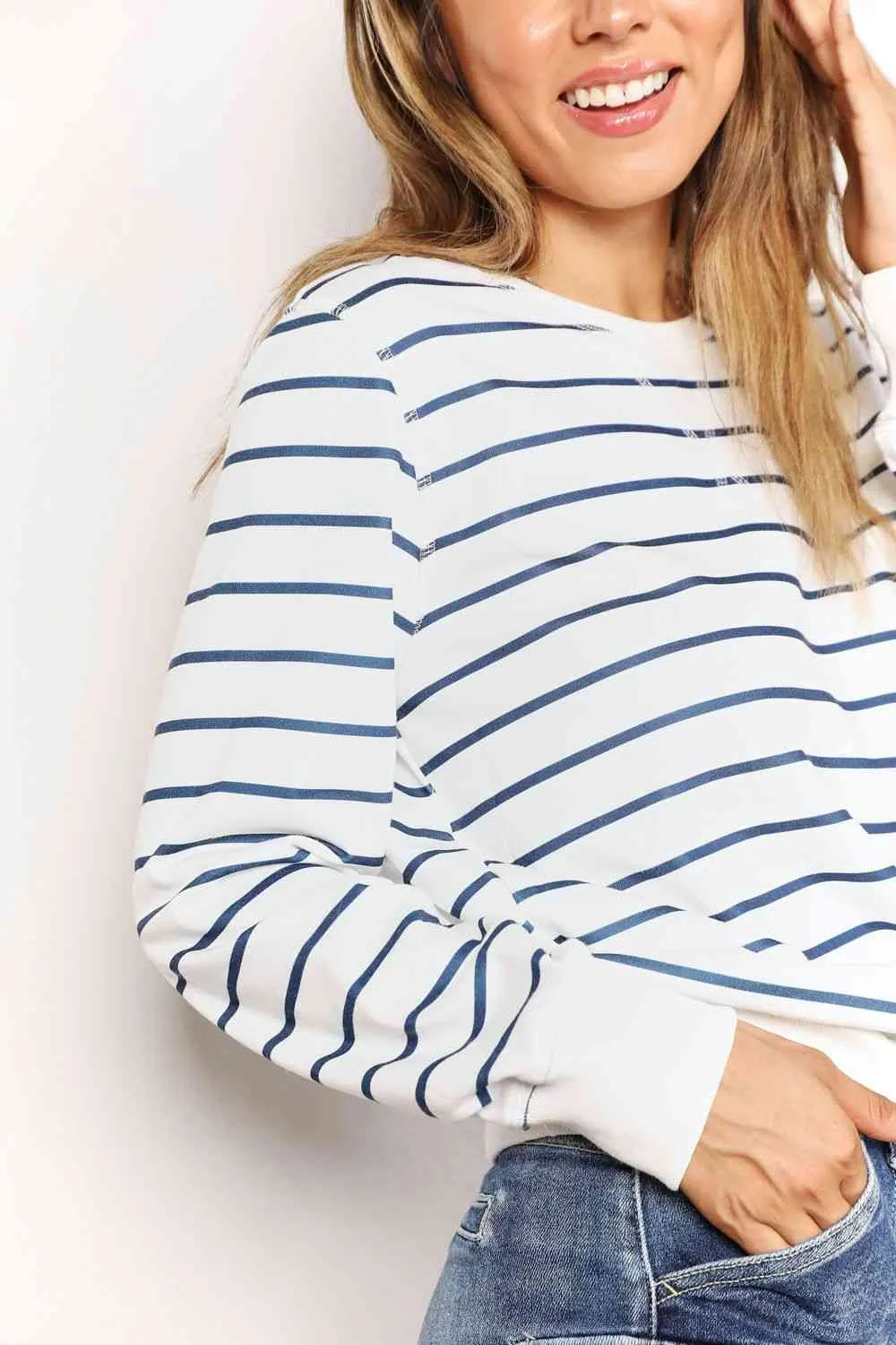 Women's Double Take Striped Long Sleeve Round Neck Top