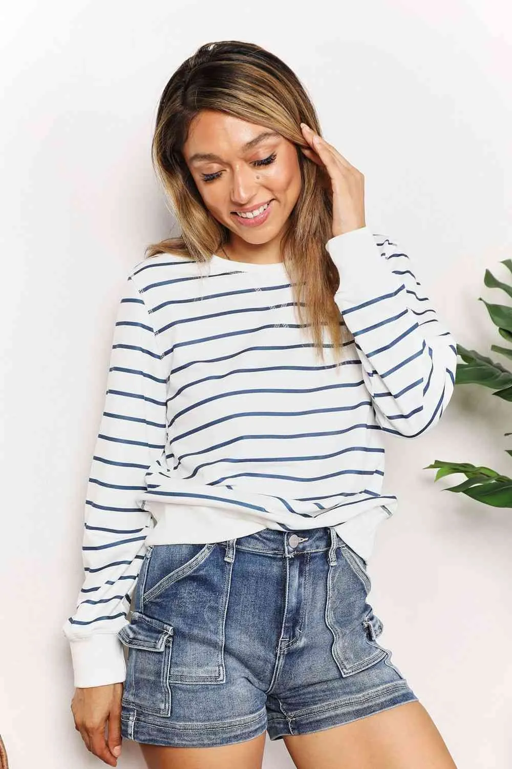 Women's Double Take Striped Long Sleeve Round Neck Top